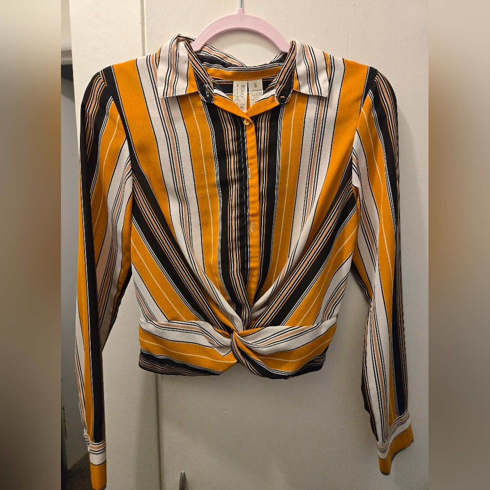 Orange Black & White Long Sleeve Button Down Striped Blouse Tie Front Design